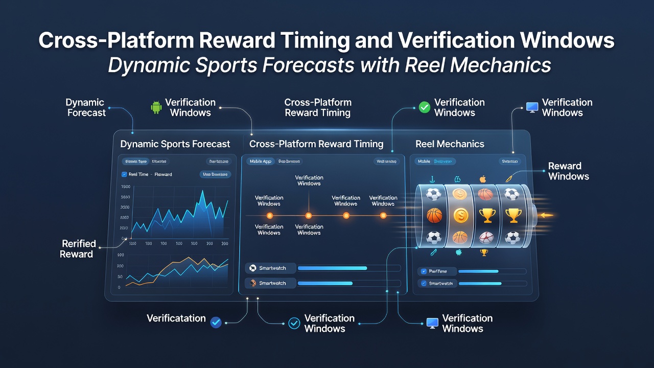 Illustration showing synchronized reward timing across mobile sports forecasting apps and reel-based casino interfaces with verification checkpoints